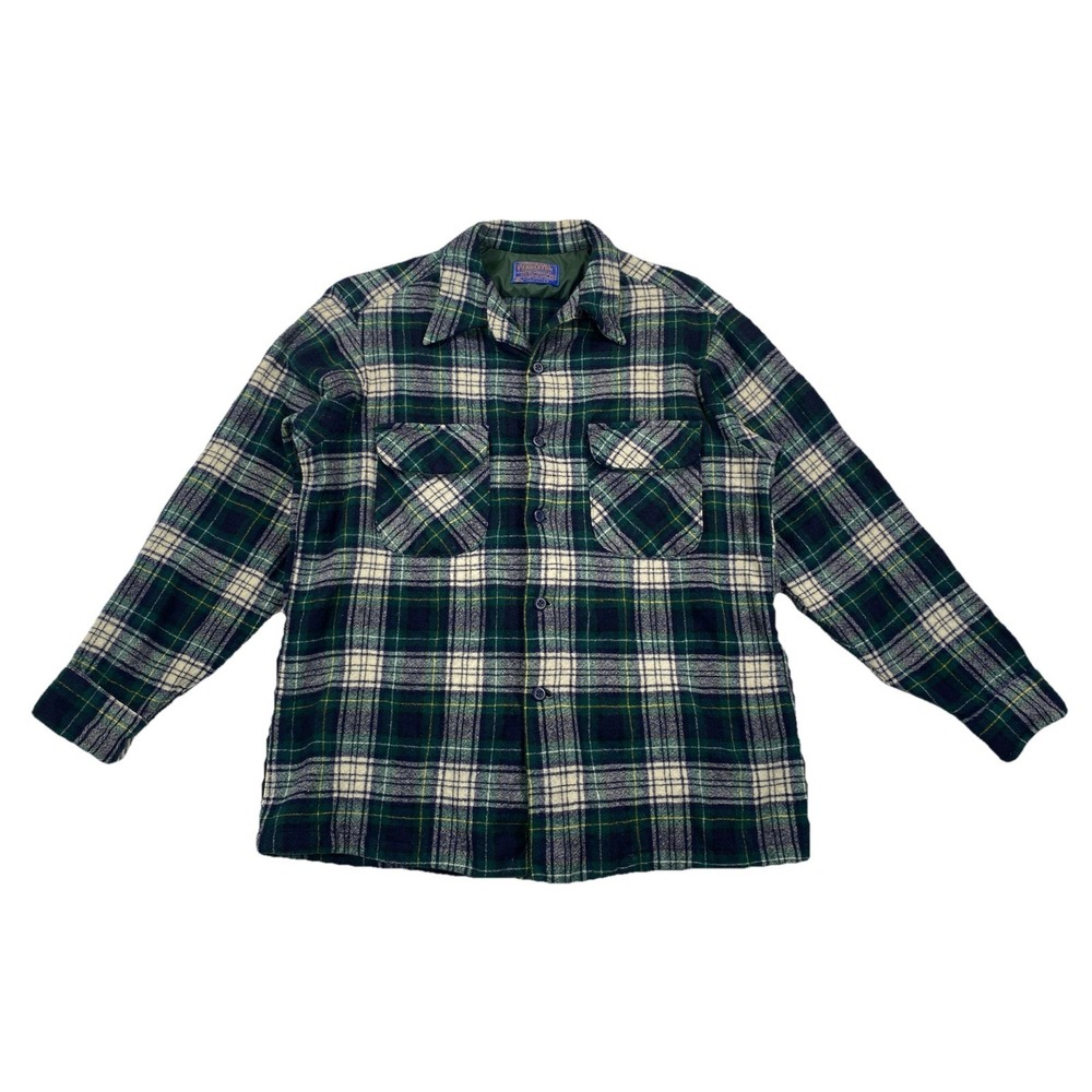 Vintage Pendleton Board Shirt Loop Collar Green Plaid USA Men's Large